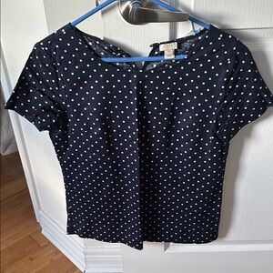 J. Crew Navy and White Polka Dot Short Sleeve Blouse